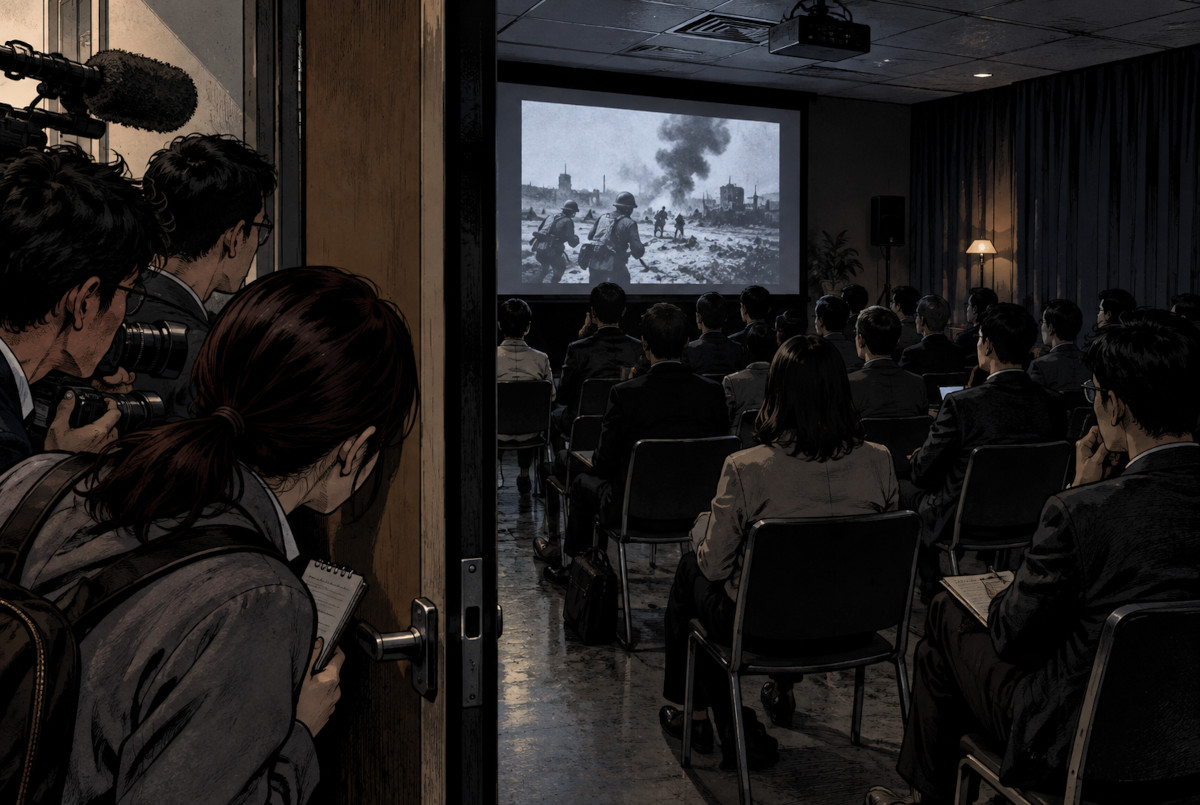 台北の閉門上映会をイメージしたAI生成イラスト。会議室内の上映と扉の外の記者