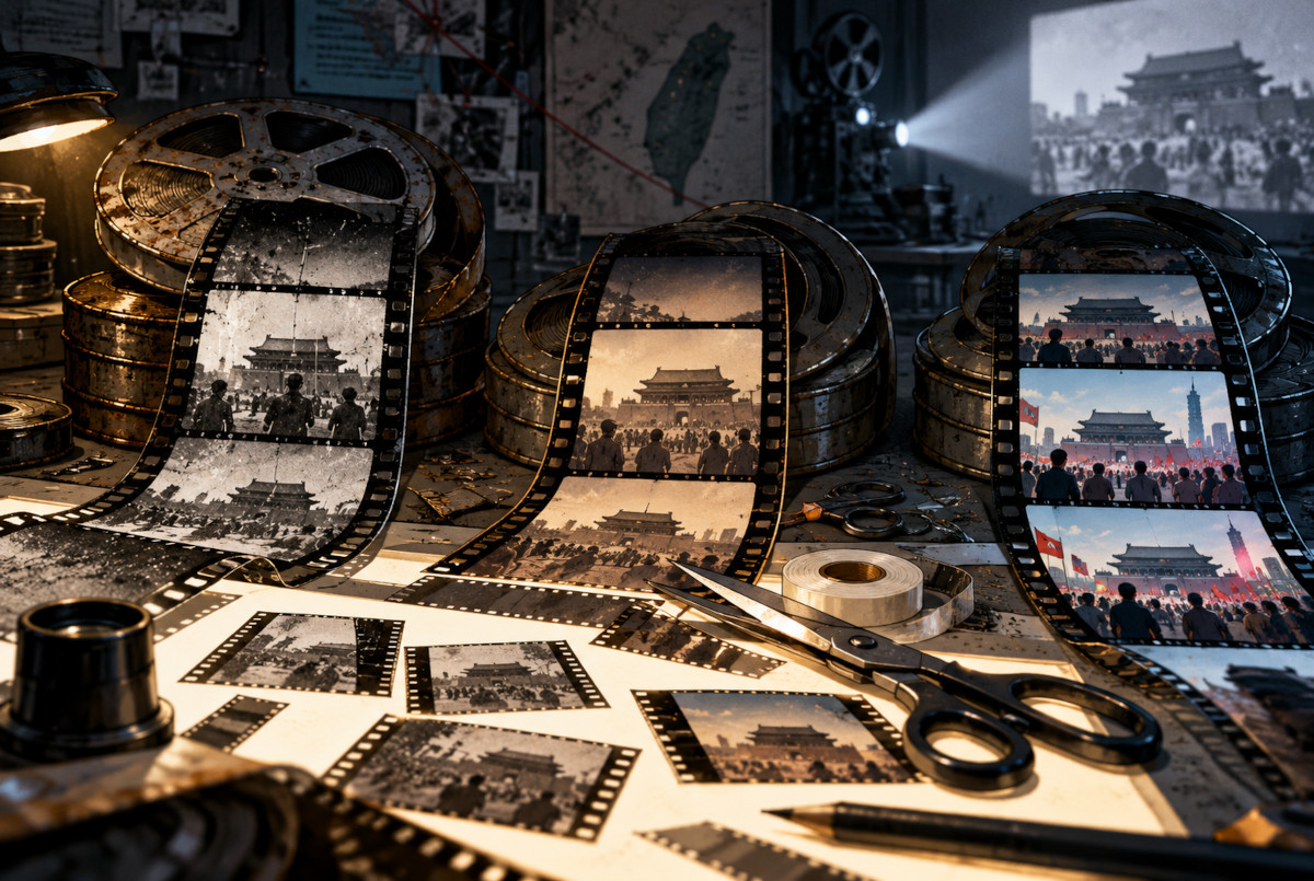 古いフィルムが時代ごとに再編集されていく構造を表したAI生成イメージ