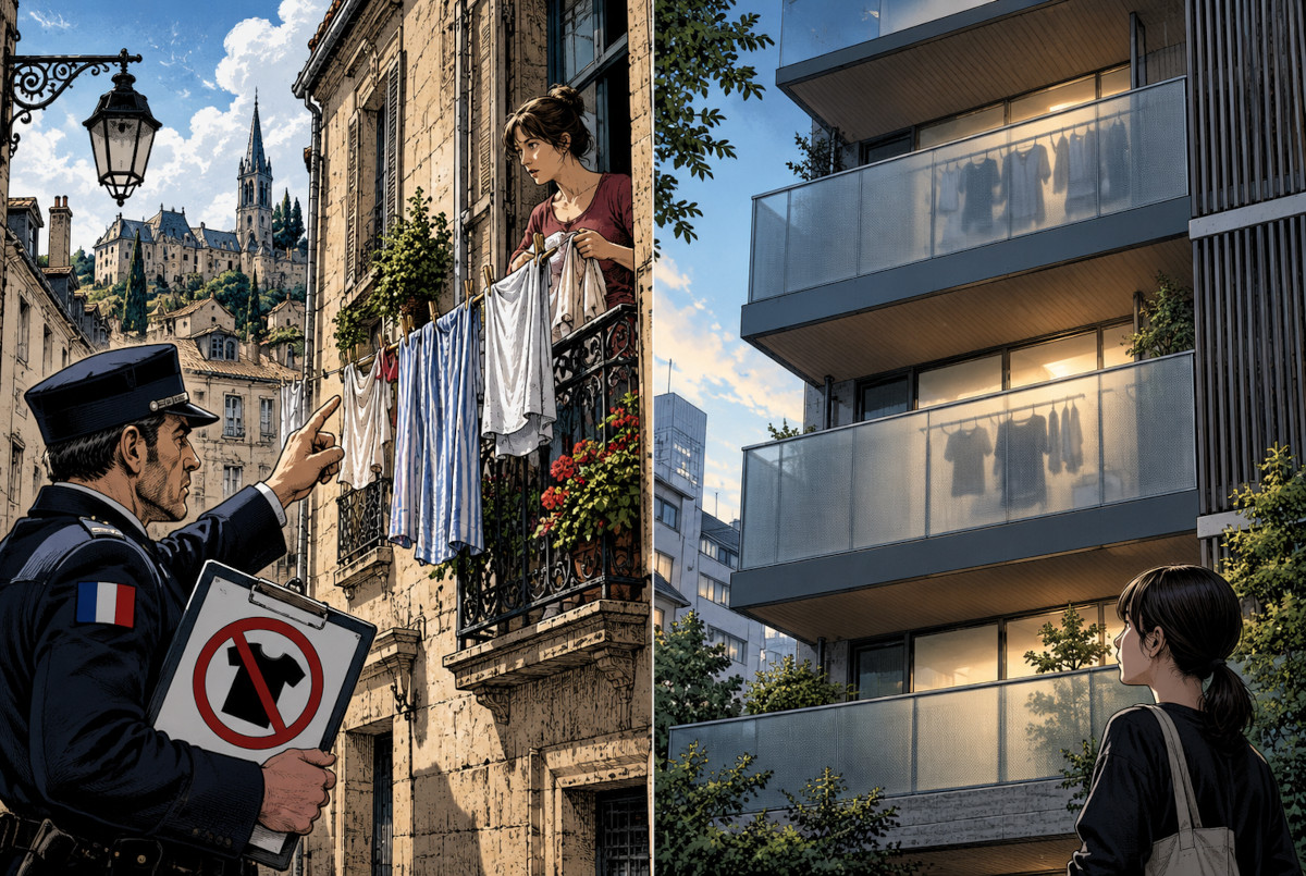 フランスの洗濯物規制と日本の集合住宅の景観設計を比較したAI生成イラスト