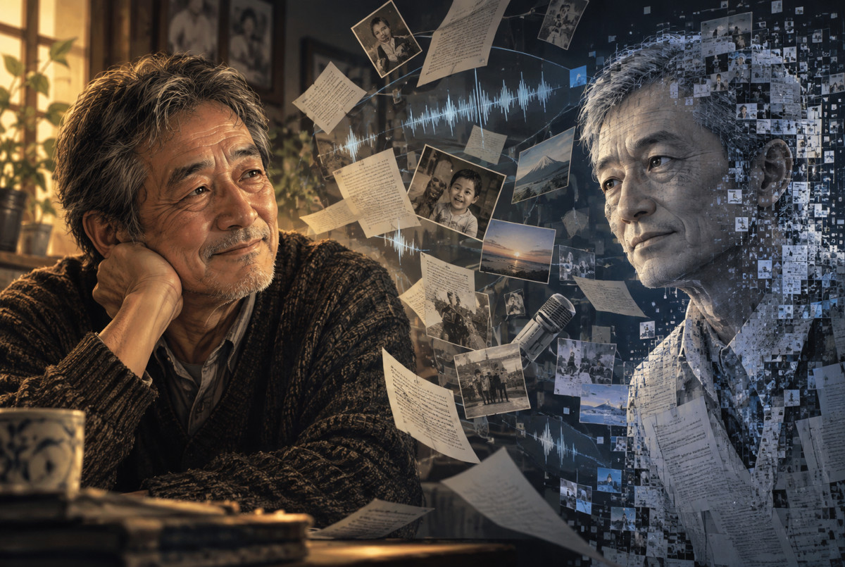 生身の人間と大量の記録から生成されたAI人格が似ていても同一ではないことを表現したイメージ