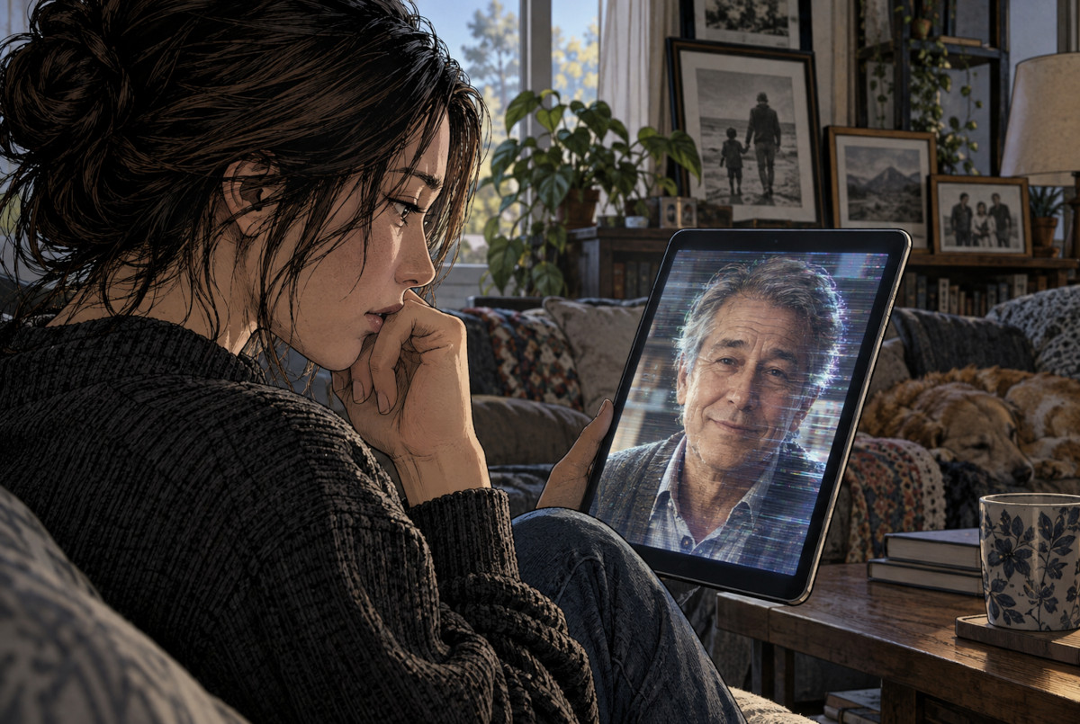 亡くなった家族を模したAIアバターとタブレット越しに向き合う人物のイメージ