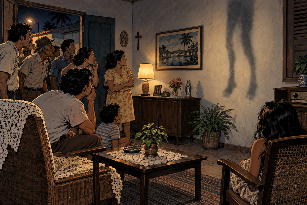 1975年ブラジル北東部の住宅で壁に現れる脚の怪影を見つめる人々のイメージ