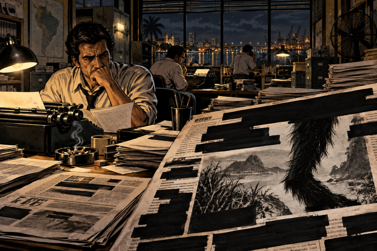 1970年代ブラジルの新聞編集室と検閲を象徴的に描いたイメージ