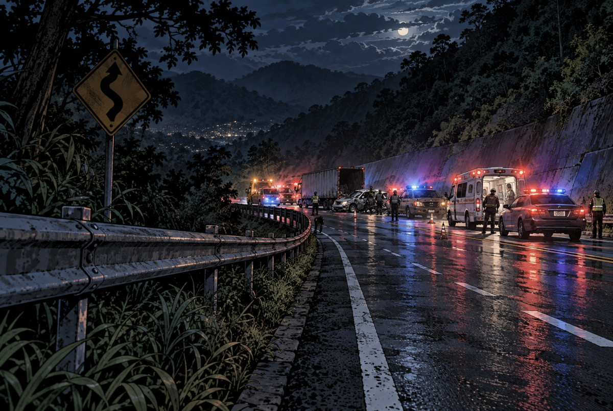 マレーシアの山間道路で夜間に発生した大規模交通事故を説明するイメージ
