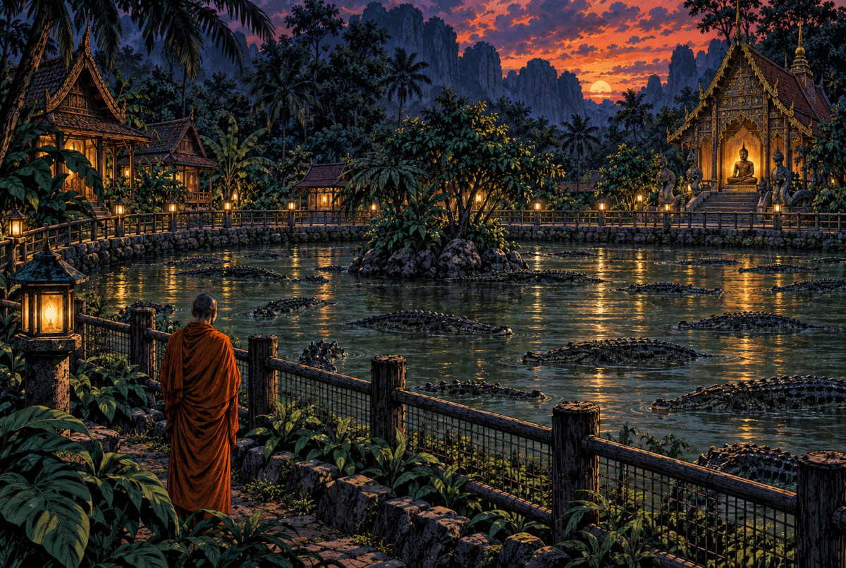 タイの宗教施設にあるワニ池と柵の外側に立つ修行者を象徴した劇画風イラスト