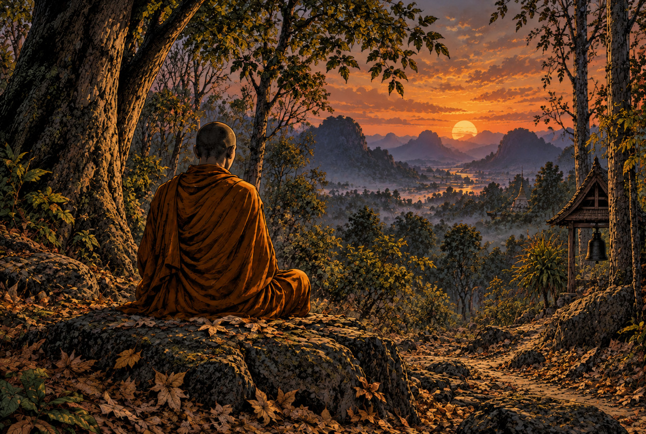 タイの森林で無常を考えながら瞑想する僧侶を象徴した劇画風イラスト