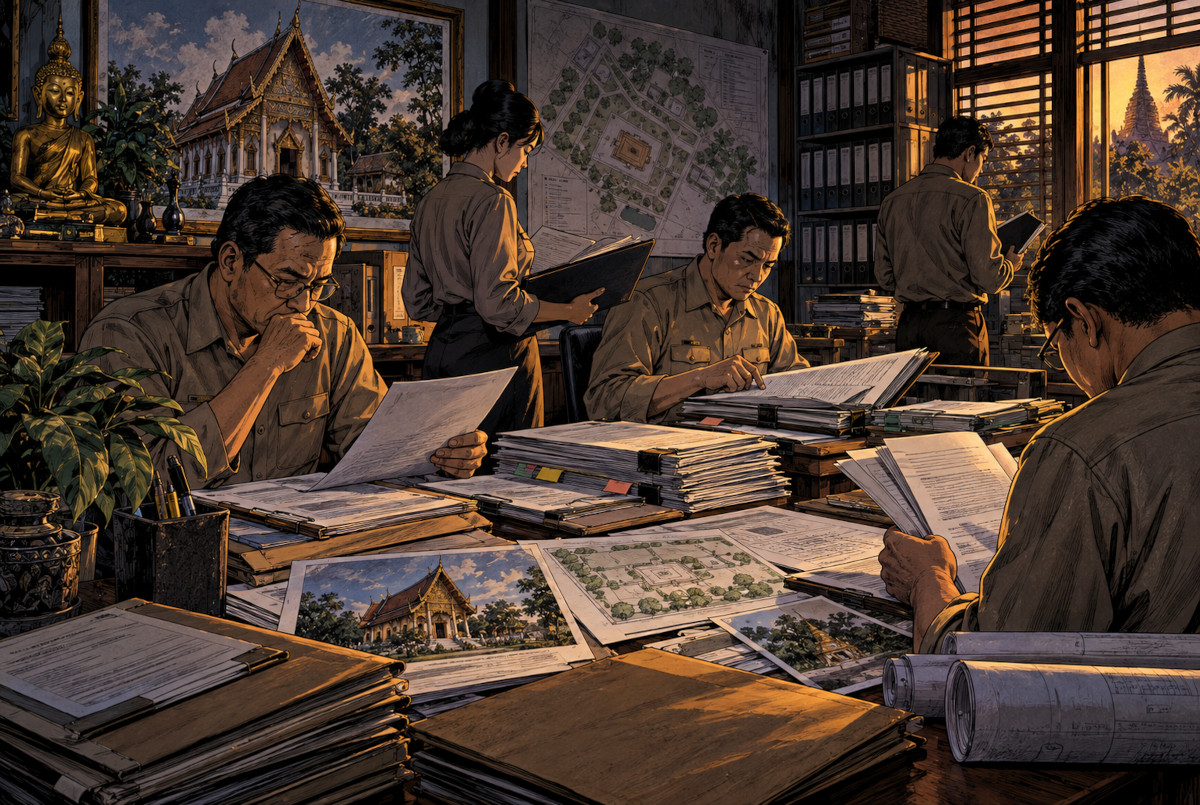 タイの行政職員が宗教施設に関する許可書類を確認する様子を表した劇画風イラスト