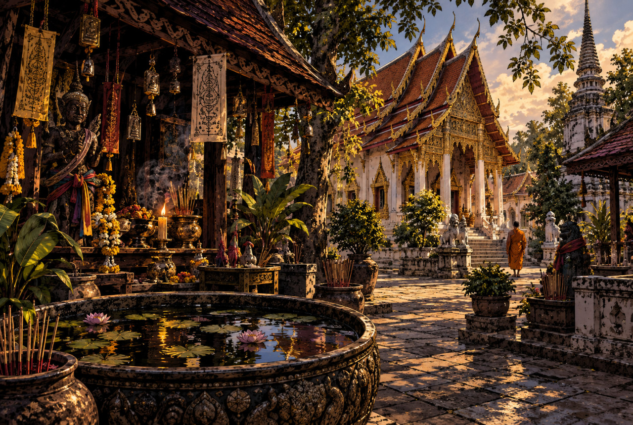 タイ寺院の境内と民間儀礼の空間を表現したAI生成イメージ