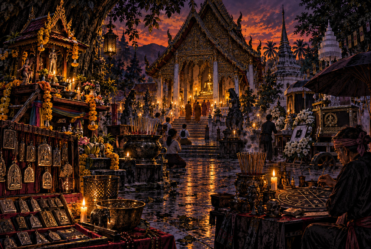 タイ寺院と民間信仰が重なる文化背景を表現したAI生成イメージ