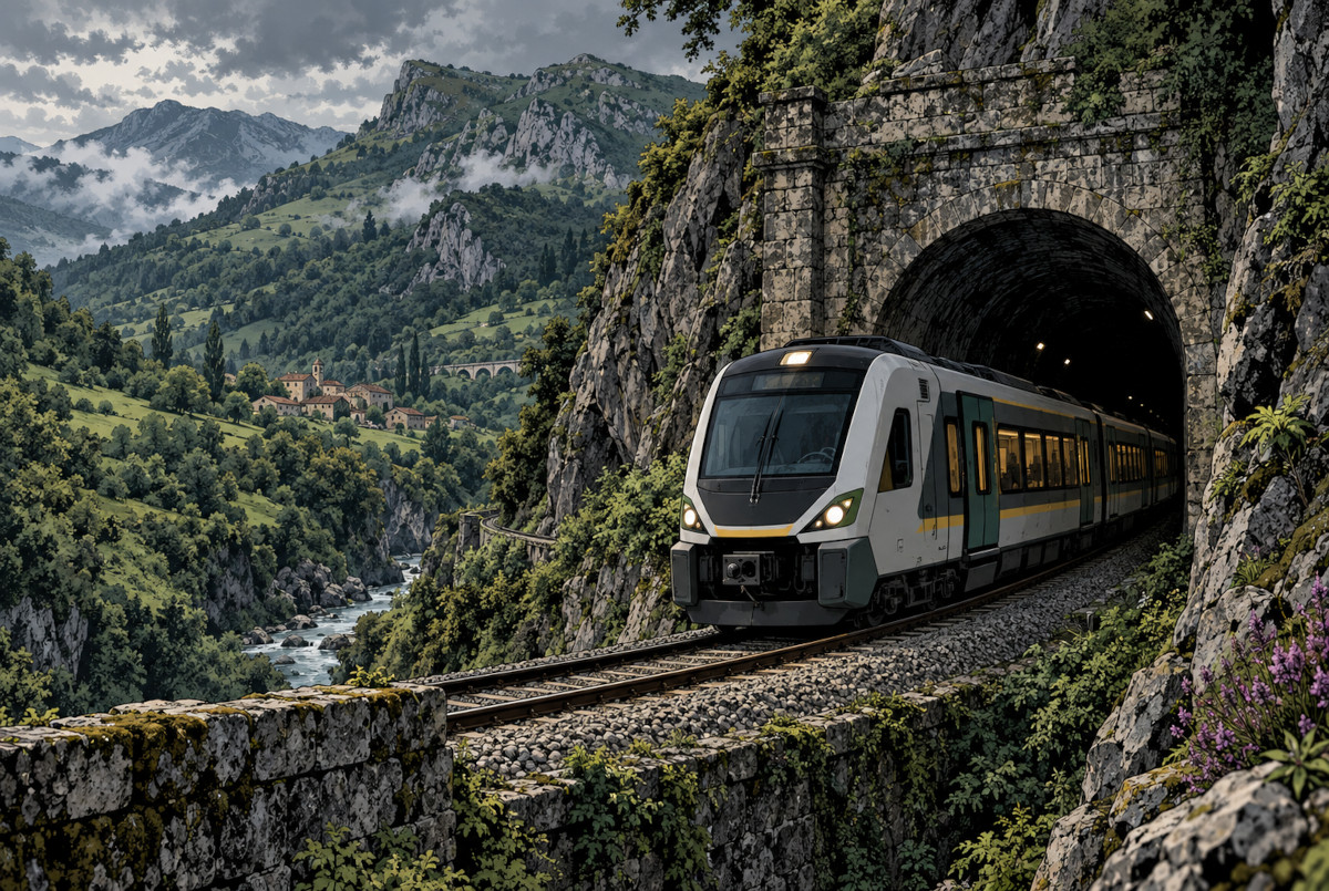 スペイン北部の山岳狭軌鉄道を想定した新型車の試験イメージ