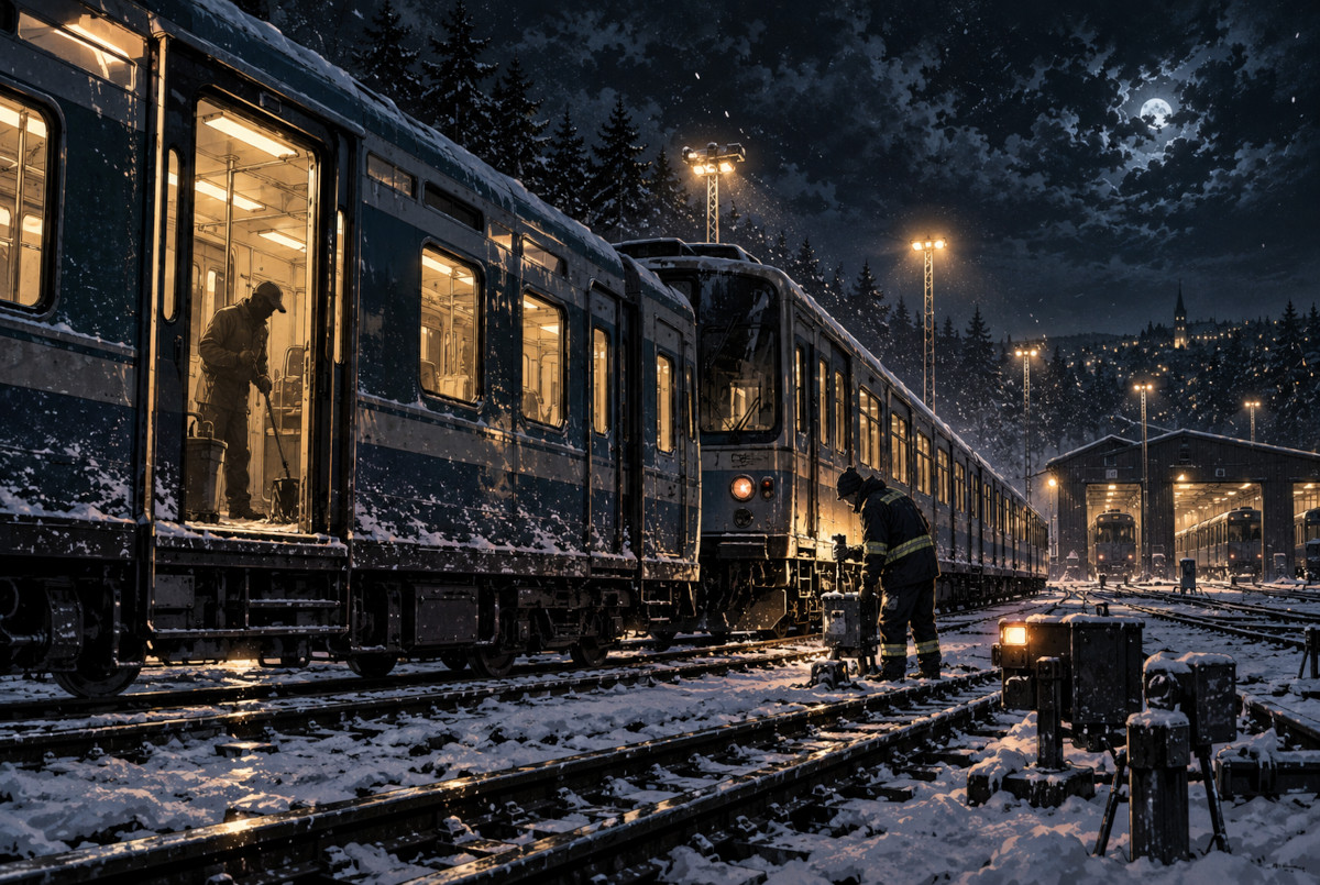 雪の夜の鉄道車両基地で清掃作業と車両作業が行われるイメージ