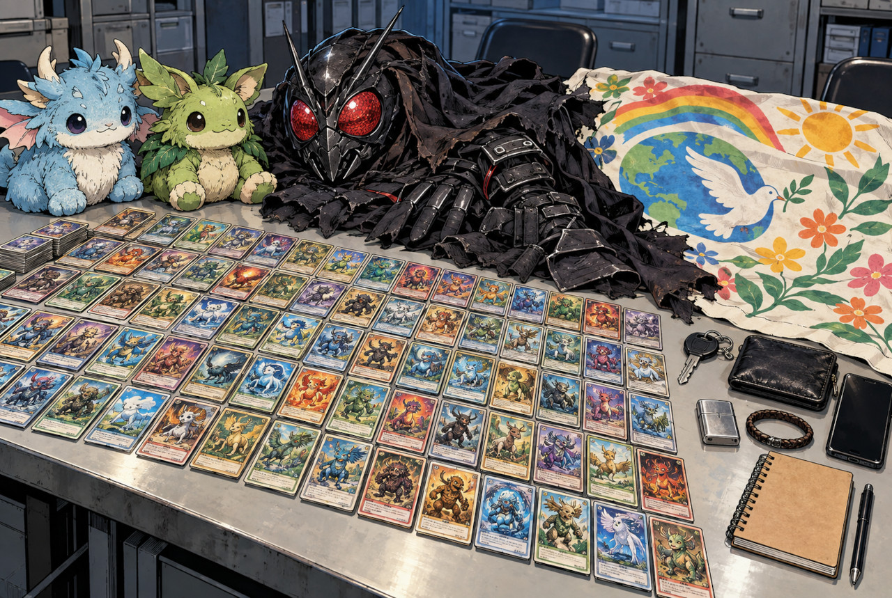 多数の架空モンスターカードや黒い衣装などが並ぶ警察押収品をイメージしたイラスト
