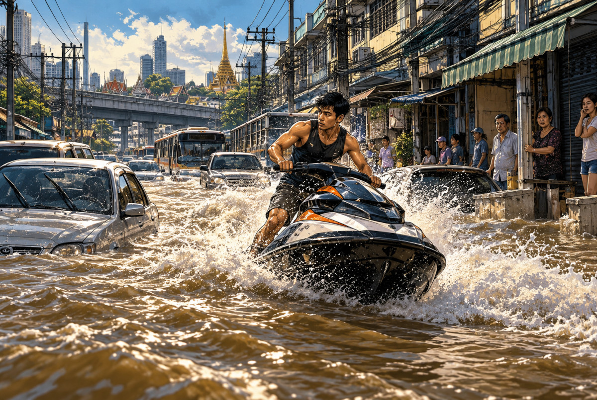 2026年9月、洪水で冠水したバンコクの道路を男性がジェットスキーで走行。なぜ罰金だけでなく、翌日の裁判でジェットスキーそのものまで没収されたのか。現地報道とタイの法律から経緯を検証する。