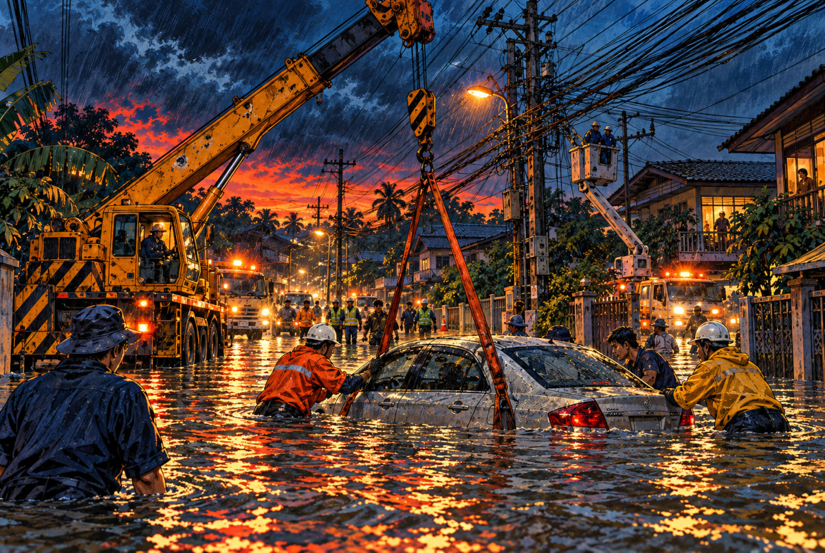 洪水の住宅街で水没車の救出と電気設備への対応を描いた二次災害の概念イメージ