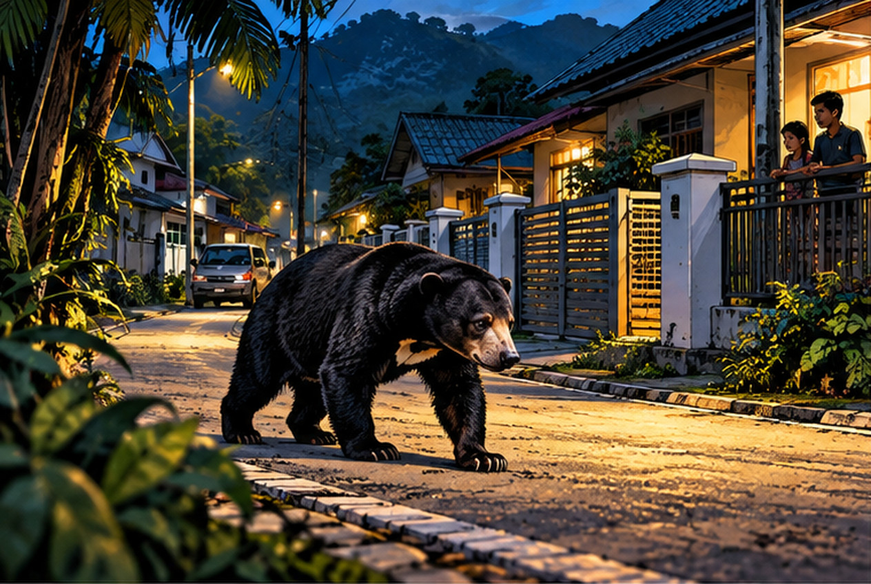 マレーシアの住宅地を歩くマレーグマを描いたAI生成イメージ