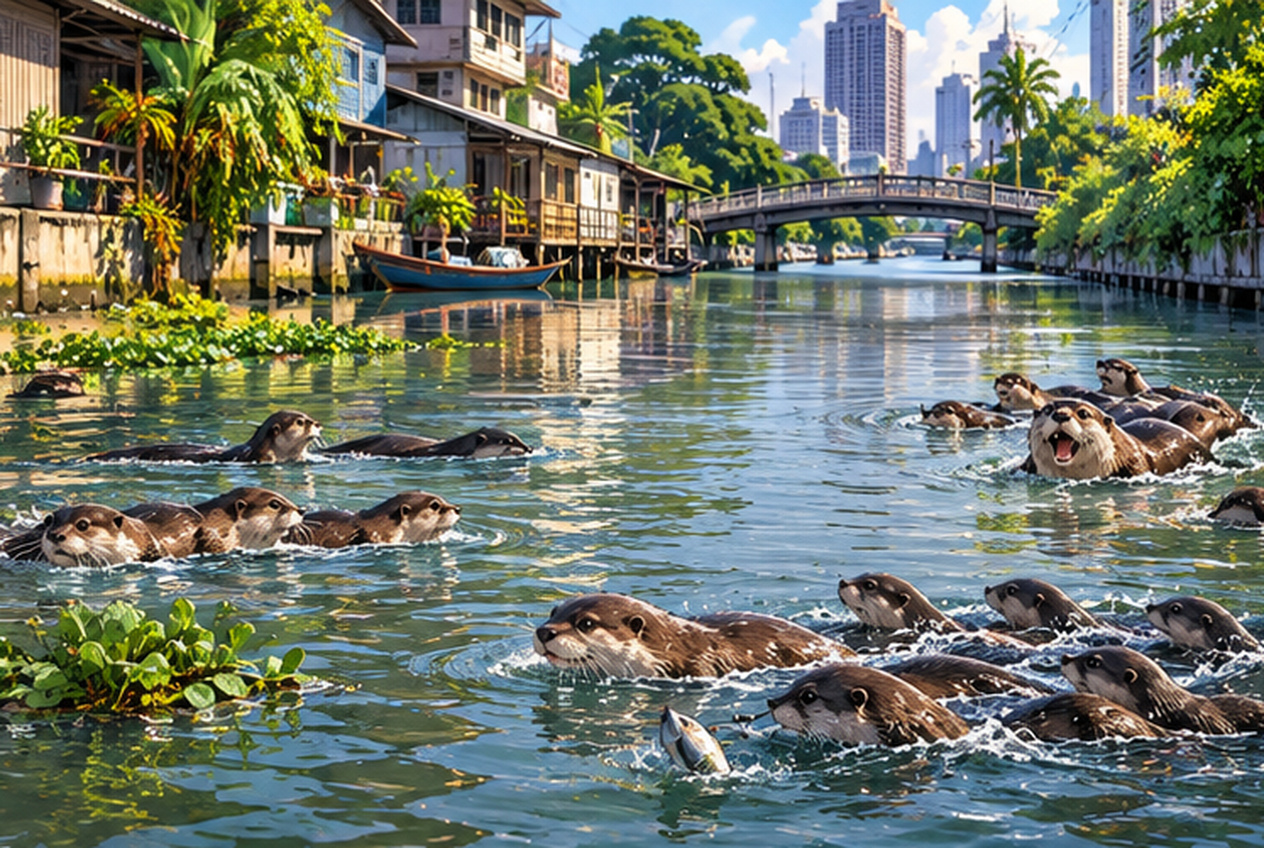 タイの都市近郊の運河で二つの群れに分かれて泳ぐカワウソのAI生成イメージ