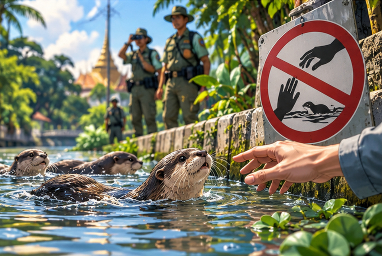 タイの運河を泳ぐカワウソと捕獲禁止を表現したAI生成イメージ