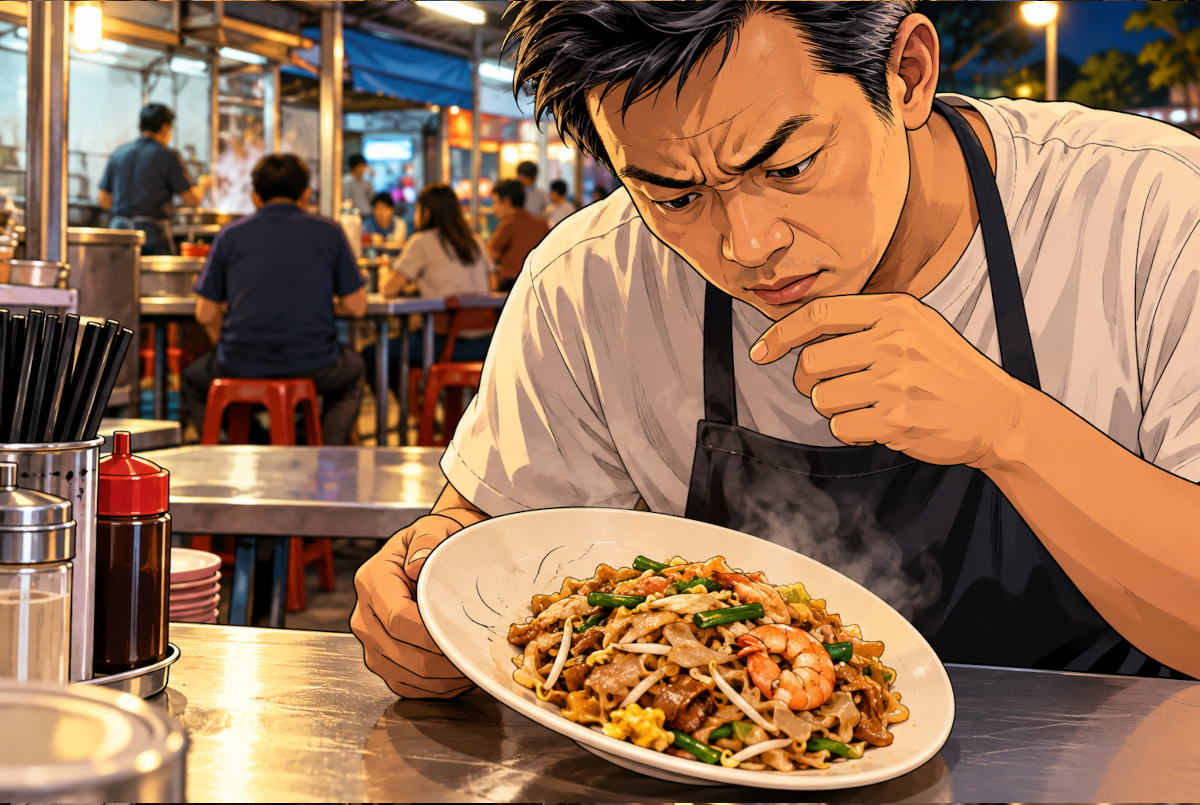 ペナンの飲食店でチャークイティオの異物を確認する場面を描いたAI生成イメージ