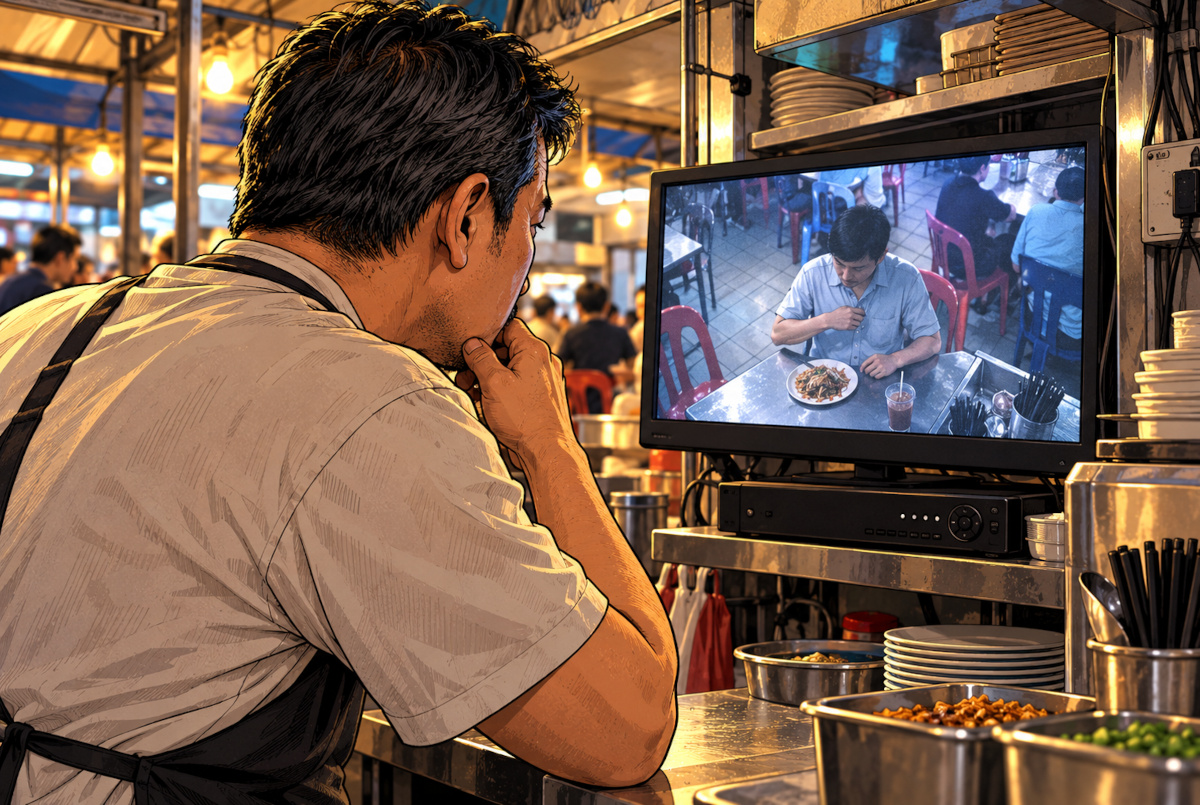 飲食店スタッフが防犯カメラ映像を確認する場面を描いたAI生成イメージ