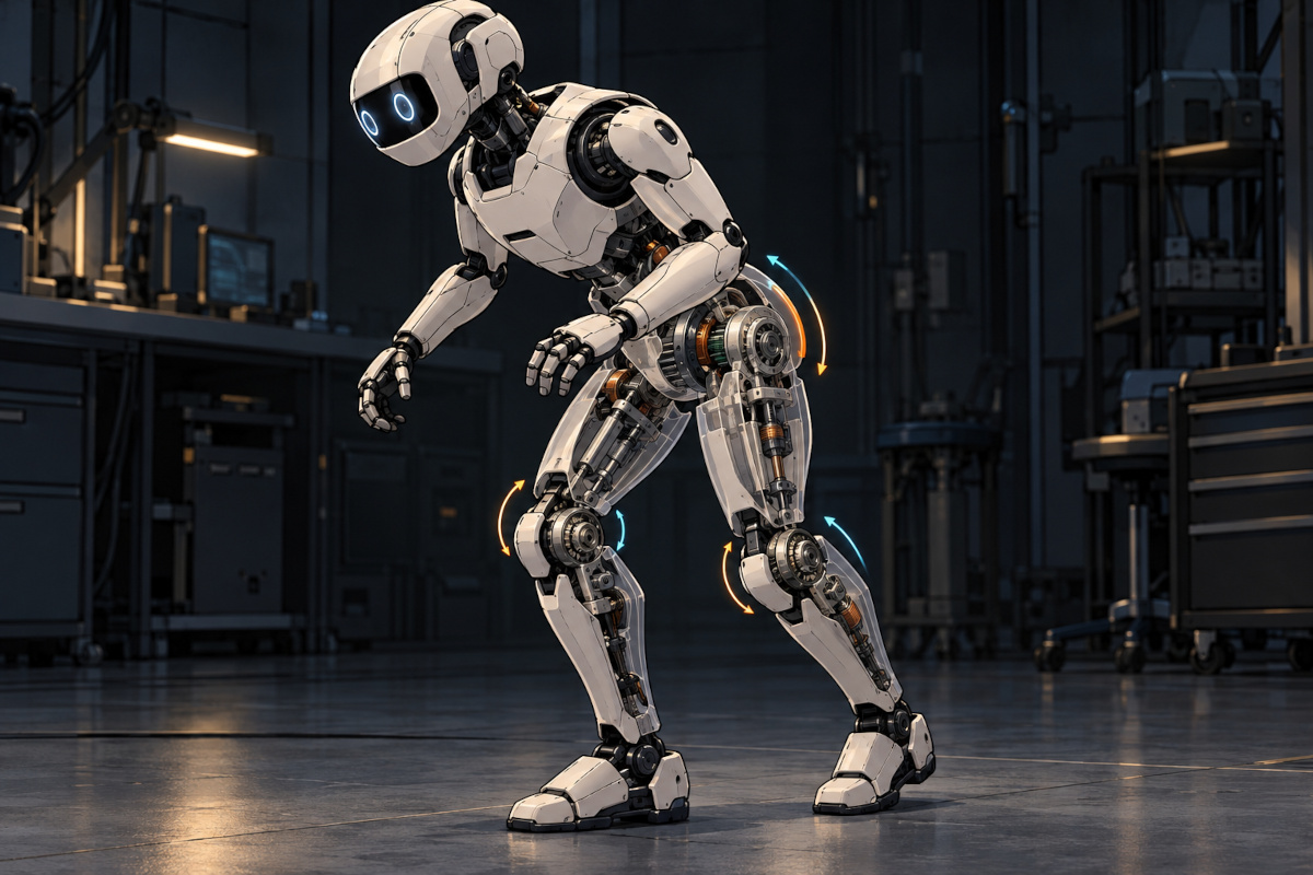 人型ロボットが前傾姿勢を取り、半透明の脚部から股関節や膝のモーターと関節構造が見える技術イラスト