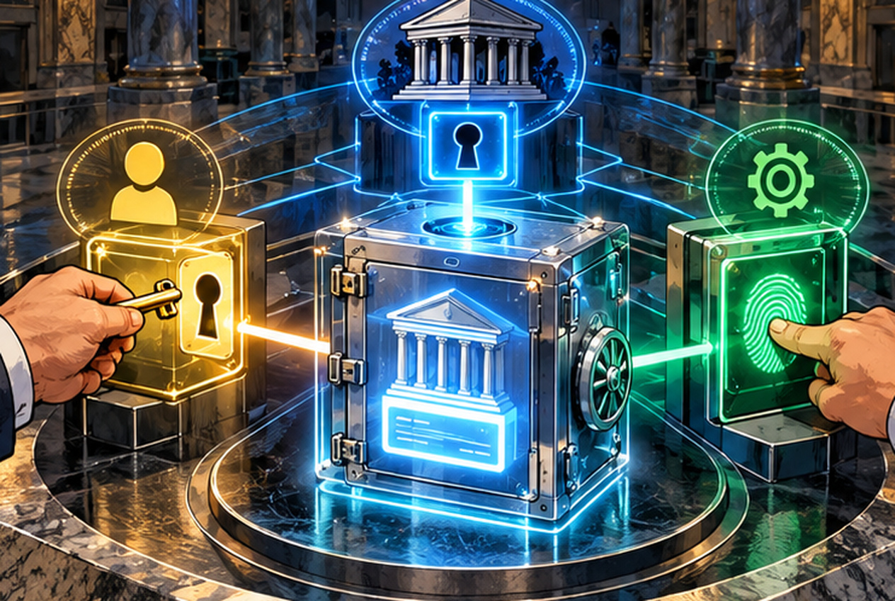 銀行口座に関係する利用者の許可、銀行の許可、個別操作の許可を象徴する三つの認証装置の概念図