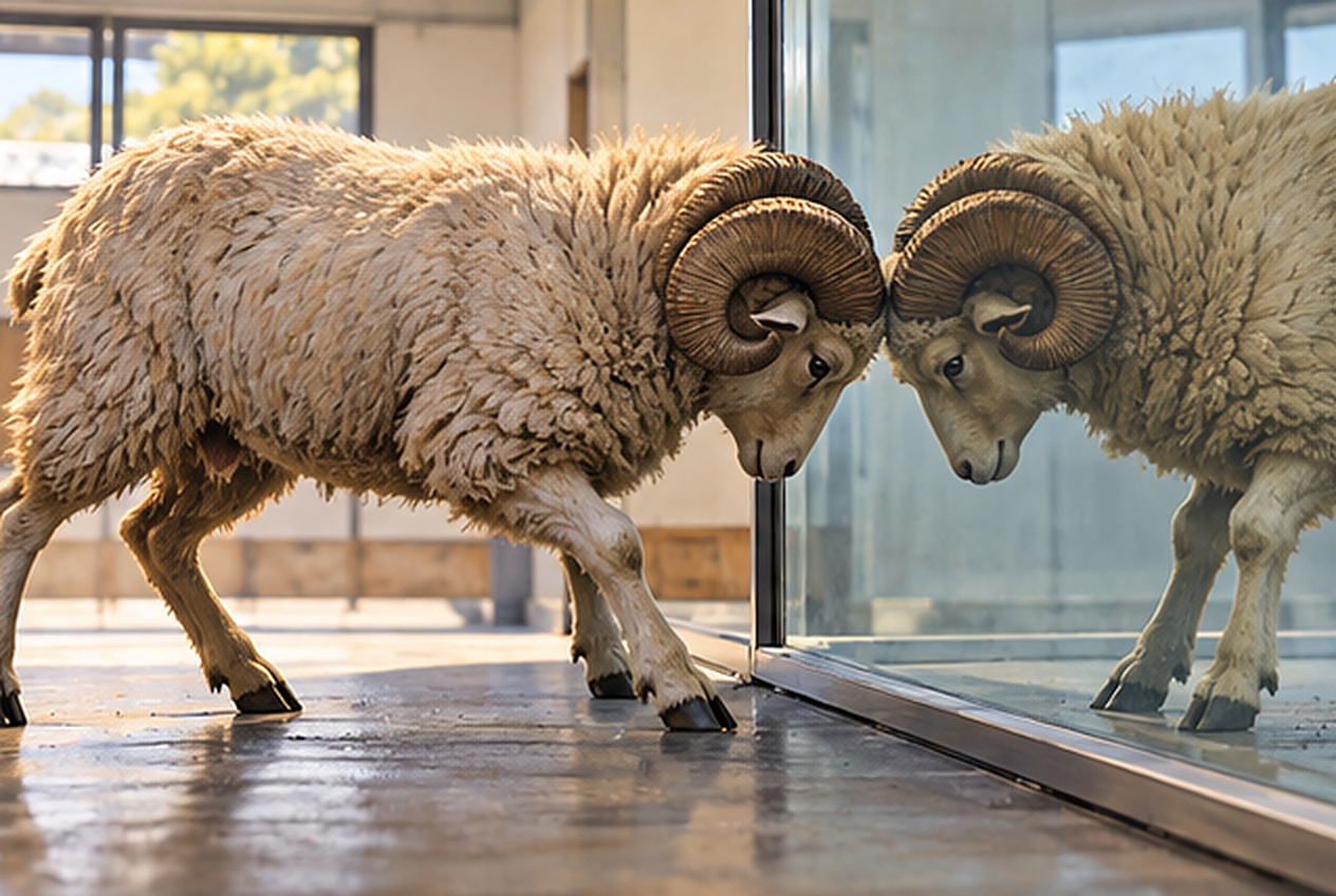 鏡に映った自分の姿へ頭部を近づける雄羊を描いたAI生成の動物認知研究イメージ